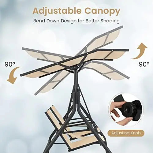 2 Person Porch Swing, Outdoor Swing with Tempered Glass Table, 2 Cup Holder, Patio Swing with Adjustable Canopy for