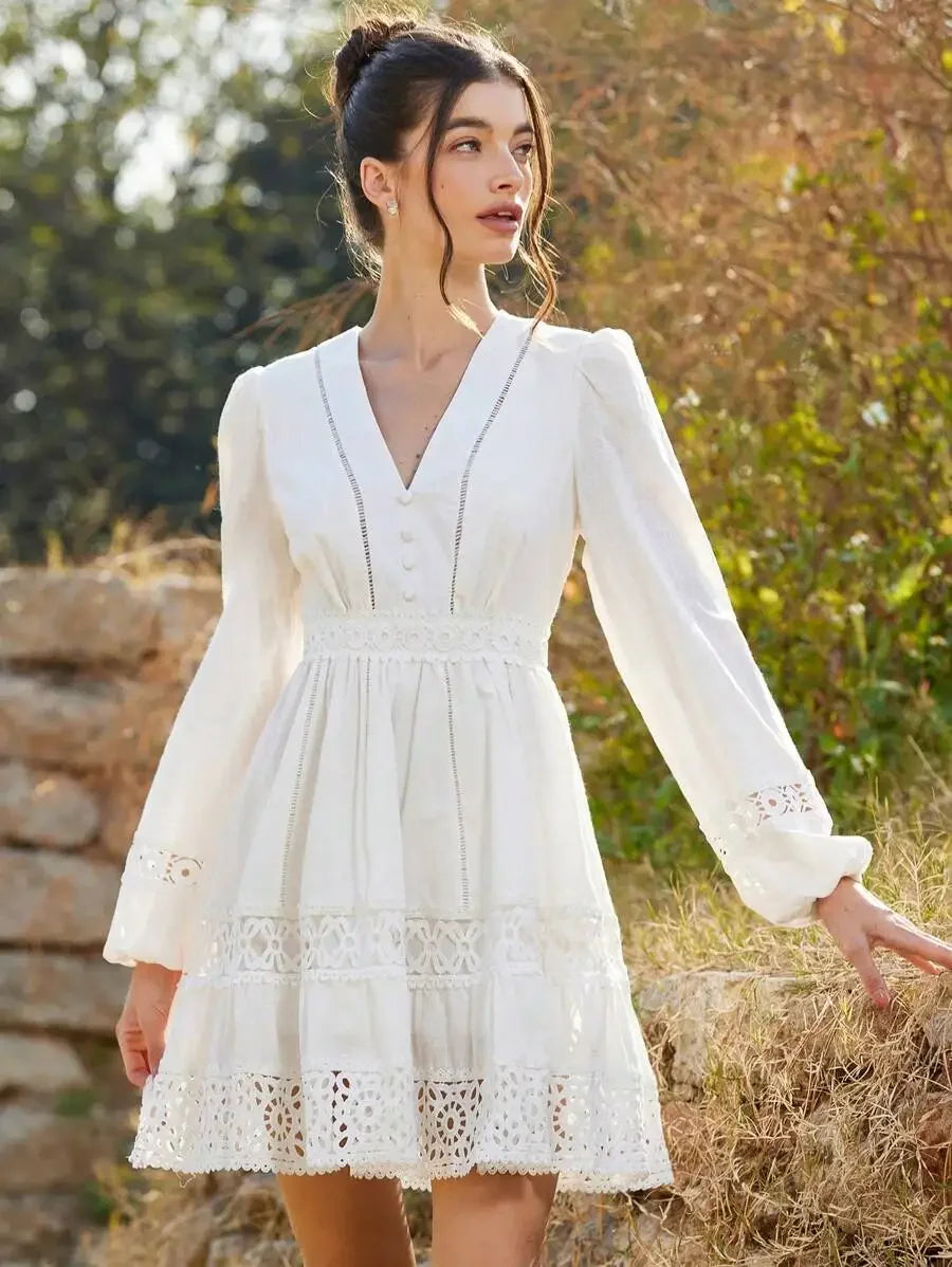White V-Neck Long Sleeve Lace Dress A-Line Mini Elegant Bohemian Style Spring Autumn