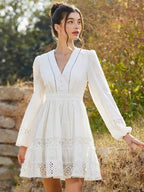 White V-Neck Long Sleeve Lace Dress A-Line Mini Elegant Bohemian Style Spring Autumn