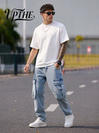 UP.THE Men Light Wash Cargo Baggy Wide Leg Jeans, Y2K Oversized Loose Denim Pants, Multi Pocket Streetwear Trousers for Daily Outfits