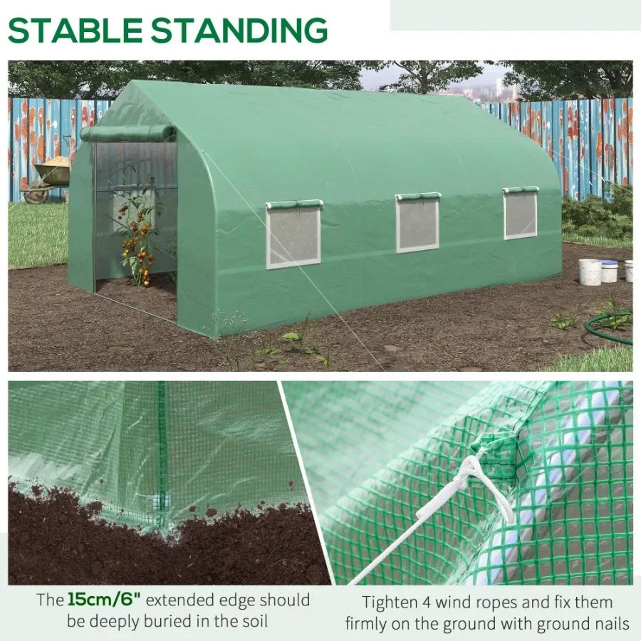 Outdoor High Tunnel Greenhouse for gardening, polyethylene-coated steel frame, deep green, portable with roll-up windows and ve