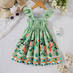 Girls Summer Style Small Fly Sleeve Plant Print Dress Casual Cute Floral A-Line