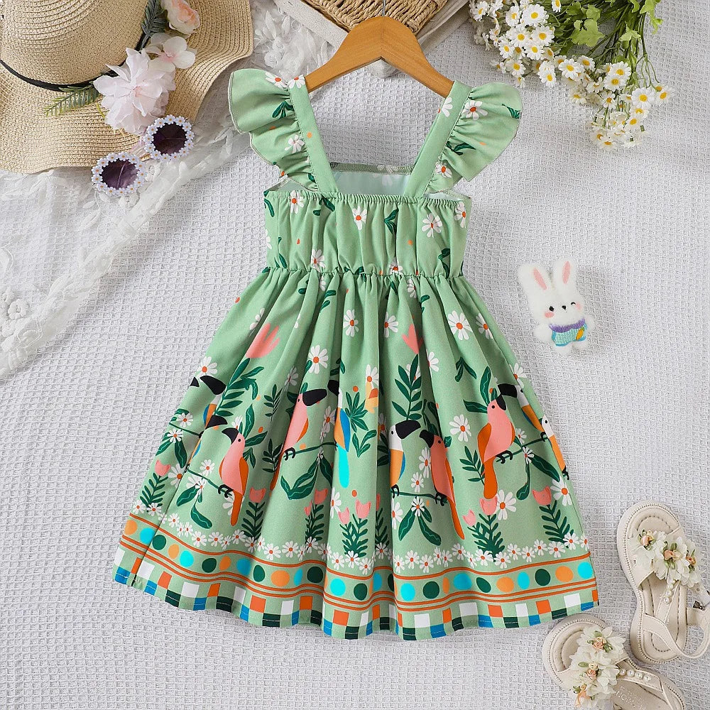 Girls Summer Style Small Fly Sleeve Plant Print Dress Casual Cute Floral A-Line