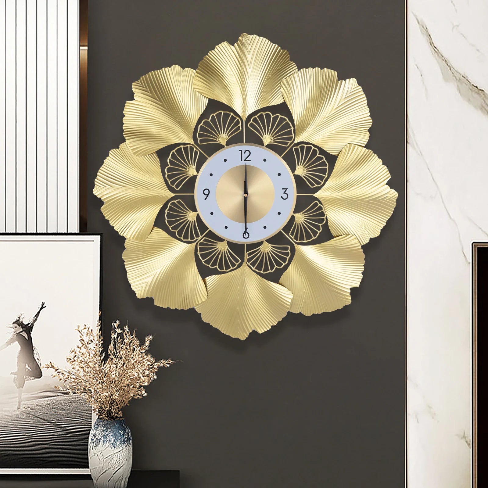 Ginkgo Biloba Wall Clock 70cm Large Nordic Light Luxury Design, White Gold Iron Silent Non-Ticking Battery Operated Living Room