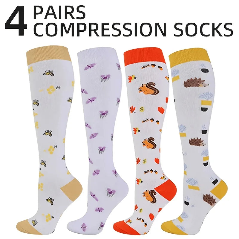 4 Pairs Cartoon Printed Compression Socks, Unisex Floral Sports Compression Long Socks, Suitable for Running, Hiking and Cycling, Made of Breathable, Sweat-Wicking and Ventilated Fabric