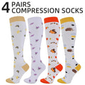 4 Pairs Cartoon Printed Compression Socks, Unisex Floral Sports Compression Long Socks, Suitable for Running, Hiking and Cycling, Made of Breathable, Sweat-Wicking and Ventilated Fabric