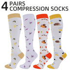 4 Pairs Cartoon Printed Compression Socks, Unisex Floral Sports Compression Long Socks, Suitable for Running, Hiking and Cycling, Made of Breathable, Sweat-Wicking and Ventilated Fabric