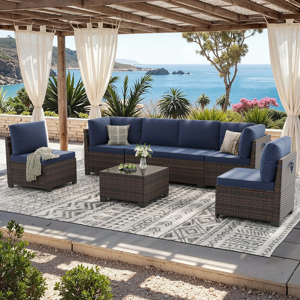 7 Piece Patio Furniture Set, Outdoor Sectional Rattan Conversation Set for Garden, Porch, Backyard