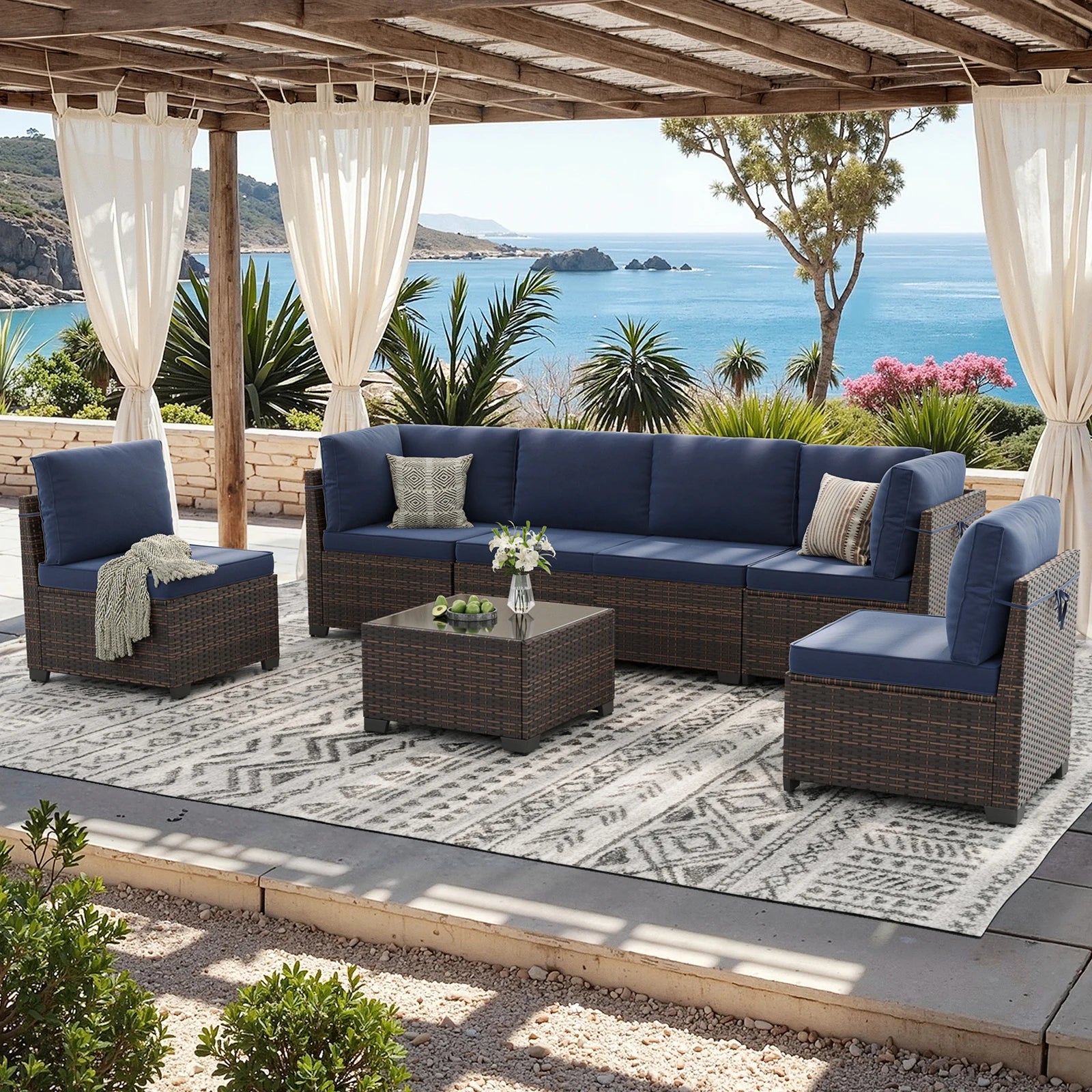 7 Piece Patio Furniture Set, Outdoor Sectional Rattan Conversation Set for Garden, Porch, Backyard