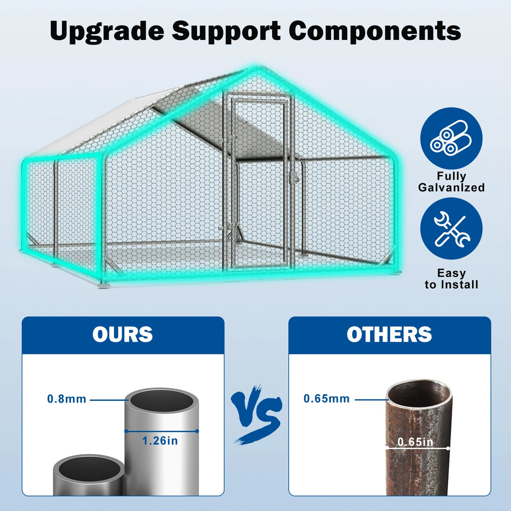 Large Metal Chicken Coop Upgrade with Tri - Supporting Structure and Hexagonal Wire Mesh, Chicken Pen with Waterproof and Anti - UV Cover, Walk - in Chicken Coop, Outdoor Duck and Rabbit House (13’ L x 10’ W x 6.5’ H)