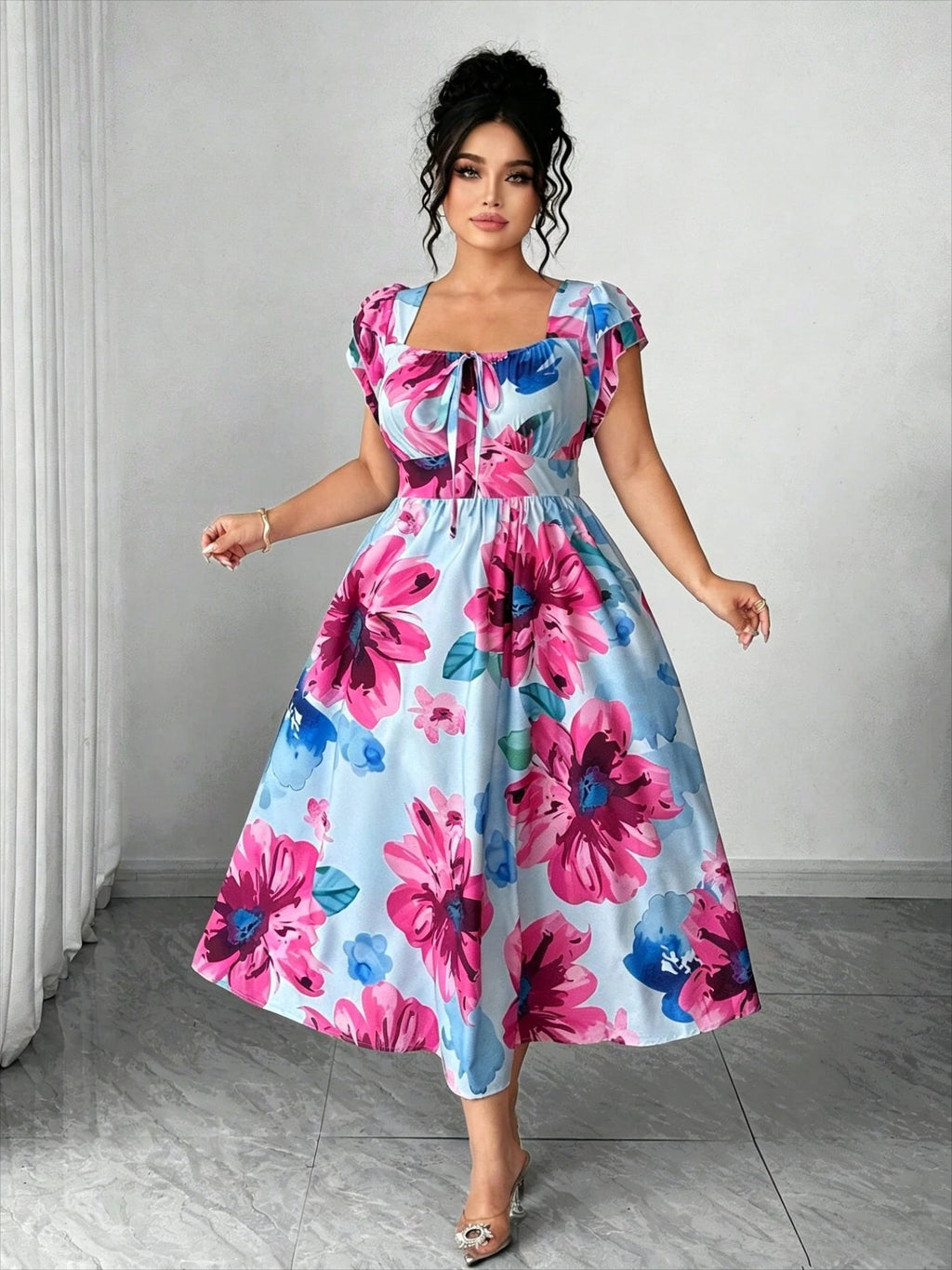 Plus Size Floral Printed Elegant Women Dress A-Line Midi Square Cap Sleeve Slim Waist Daily Dating Summer Casual Outfit