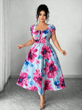 Plus Size Floral Printed Elegant Women Dress A-Line Midi Square Cap Sleeve Slim Waist Daily Dating Summer Casual Outfit