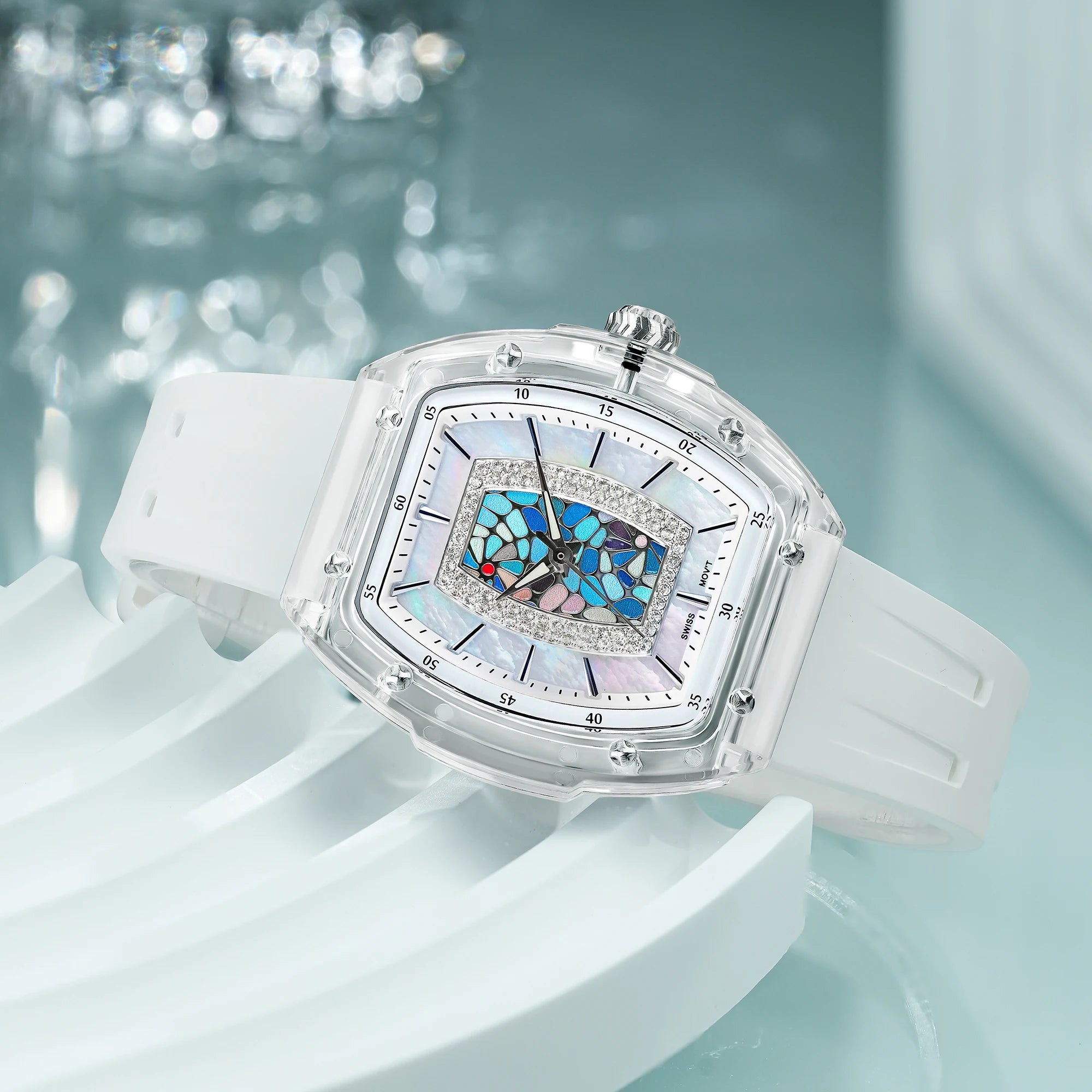 TSAR BOMBA Women’s Quartz Watch, Swiss Movement, Transparent Case, Zircon Dial, Comfortable Strap, Elegant Fashion Wristwatch