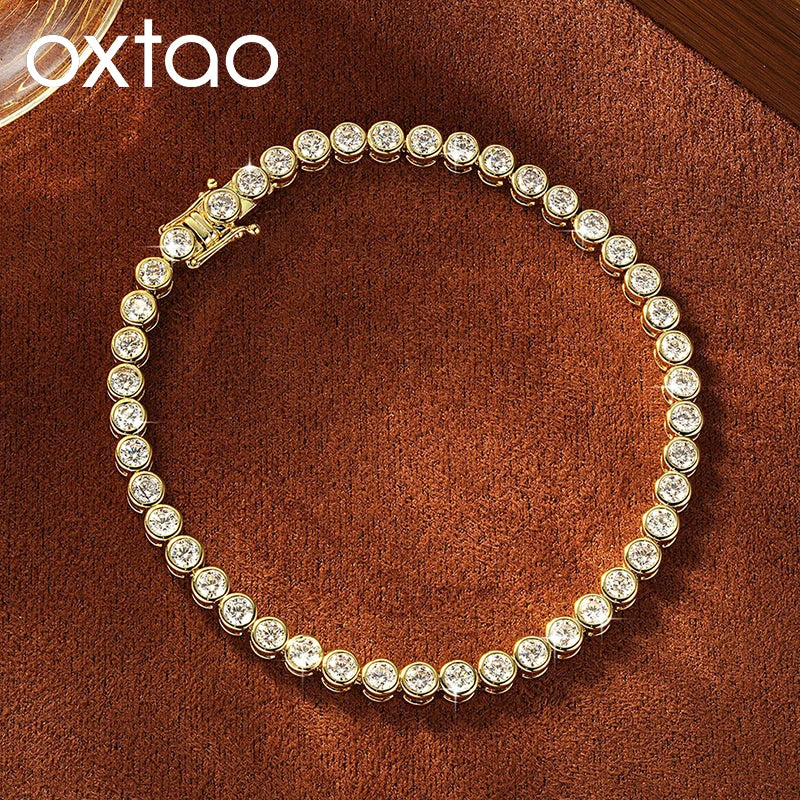 OXTAO Bezel Set Moissanite Tennis Bracelet 14K Gold Filled D Color VVS1 Round Cut Imitation Diamond Bracelet Gifts for Women