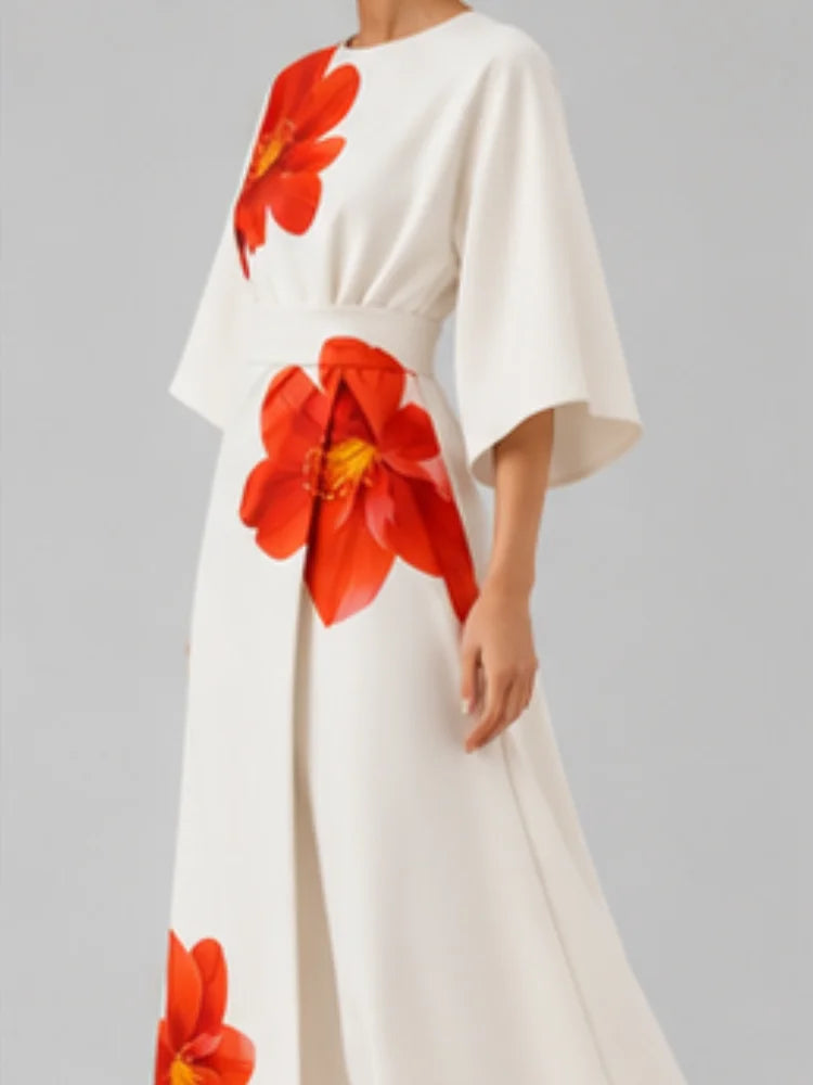 Women Elegant White Midi Wrap Dress Big Red Floral Print Puff Lantern Sleeve Belted Waist V Neck Formal Party Midi Dresses Vintage Chic Streetwear Wedding Guest Outfit