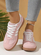Womens Pink Casual Flat Sneakers With White Stripes Comfortable Lace-Up Shoes For Spring Summer