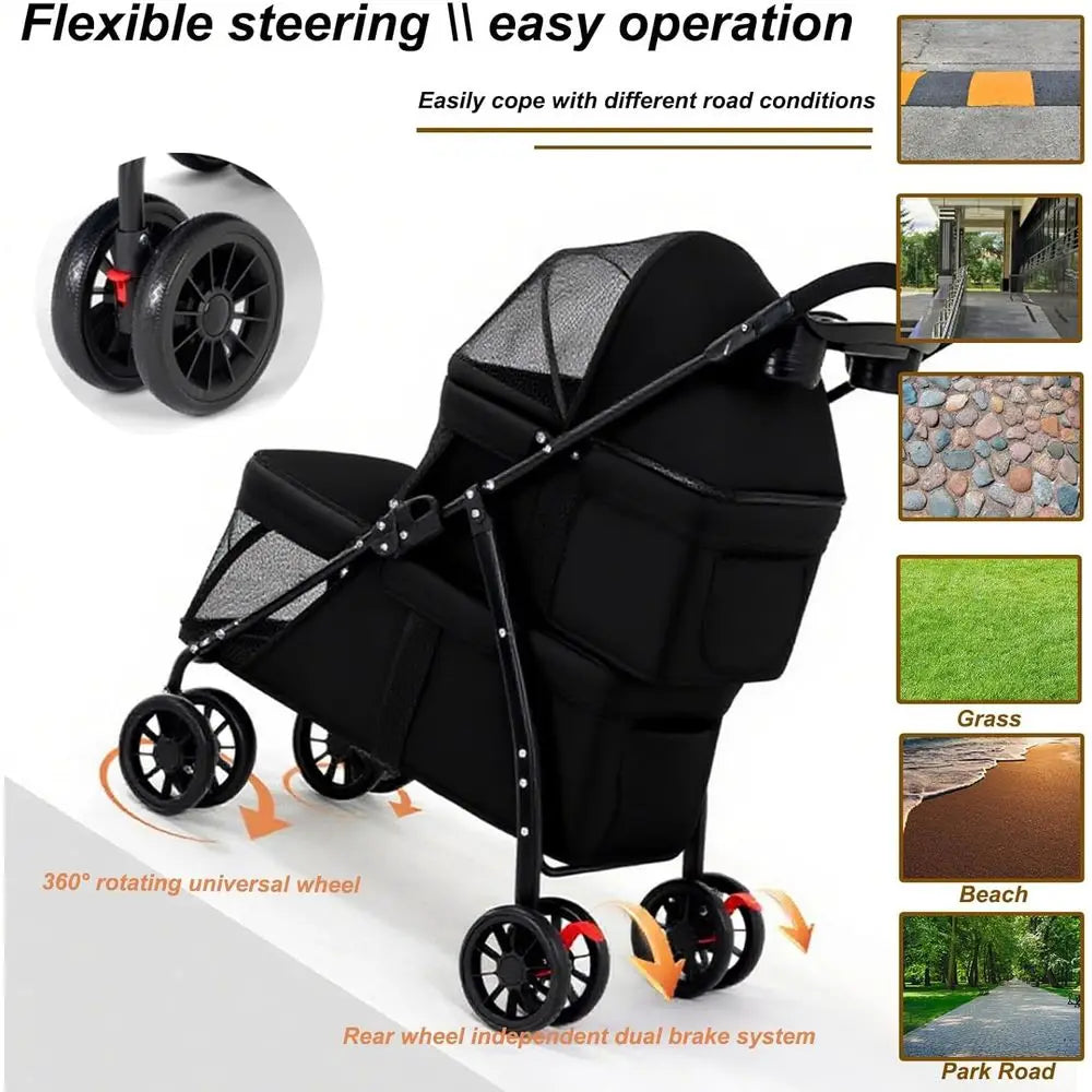 Double Dog Stroller or Medium Small Dogs and Cats Load-Bearing Up to 50lbs, Durable 360° Unil Wheels Lightweight One Hand oldale