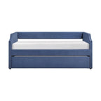 Modern Blue Textured Fabric Daybed with Trundle, Wooden Frame, Ready-to-Assemble