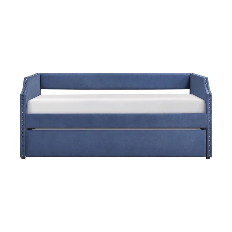 Modern Blue Textured Fabric Daybed with Trundle, Wooden Frame, Ready-to-Assemble