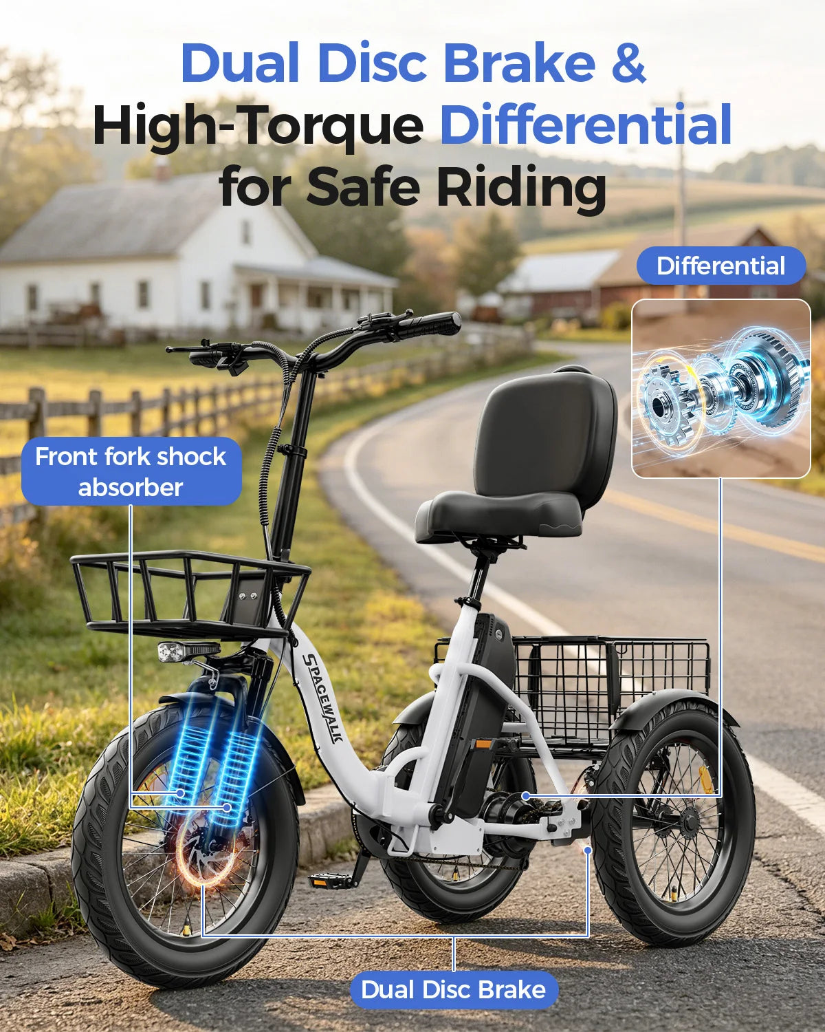Spacewalk Electric Trike for Adults 1200W Peak Motor, 48V 15Ah Fat Tire 3 Wheel Electric Bike, 60 Miles Long Range Folding Cargo E Bike with Rear Basket, Adjustable Backrest Seat for Seniors-White