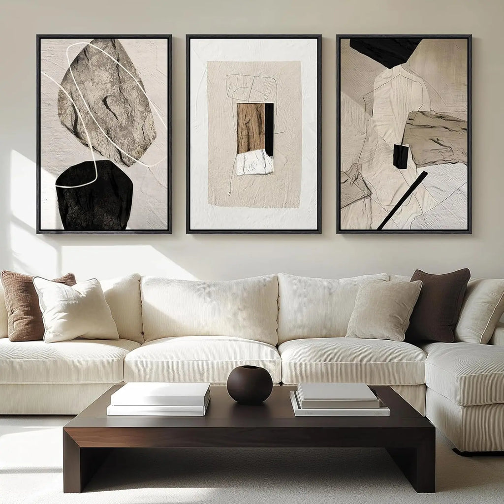 Set of 3 Framed Black Beige Neutral Abstract Canvas Wall Art Prints 24 X 36 Inch, Simple Tone Wall Decor for Living Room Hallway Stair Office Indoor Home Display