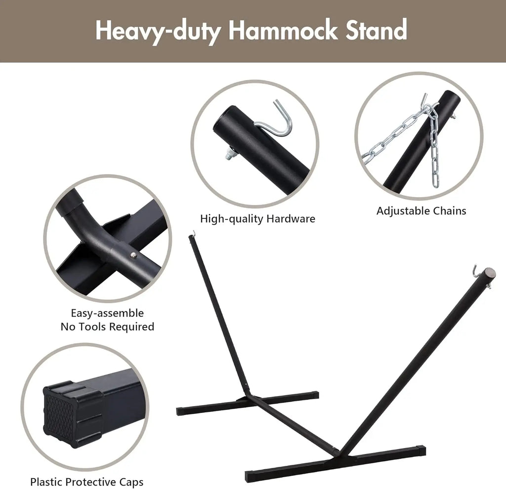 Outdoors/Indoors Light Brown Double Rope Hammock with Steel Stand, 450 LBS Weight Capacity, Detachable Pillow and Pad