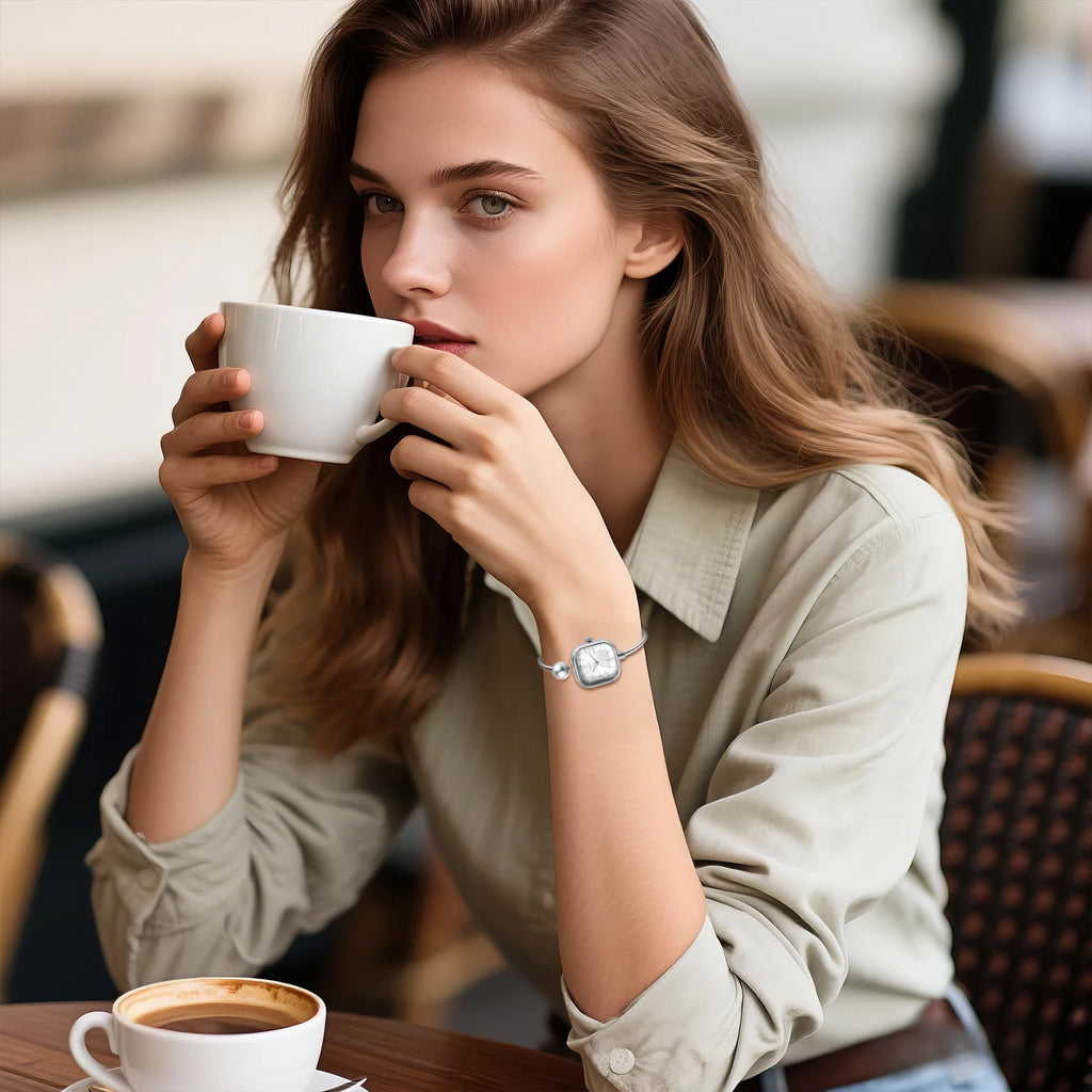 Elegant women's watch, featuring a simulated quartz square case, bar markers, and a bracelet design with imitation pearl embellishments; suitable for all seasons and professional settings