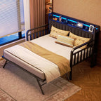 Daybed With Trundle And Led Light, Heavy Duty Metal Twin Bed Frame With Upholstered Storage Headboard & Charging Station, Pop Up Trundle Bed For Living Room, Bedroom And Guest Room