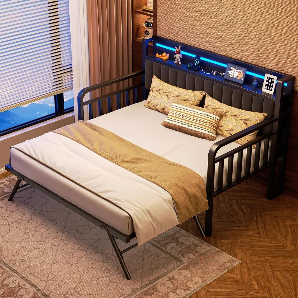Daybed With Trundle And Led Light, Heavy Duty Metal Twin Bed Frame With Upholstered Storage Headboard & Charging Station, Pop Up Trundle Bed For Living Room, Bedroom And Guest Room