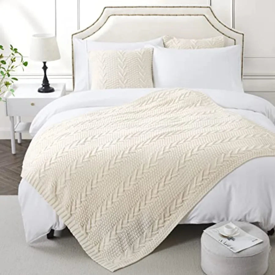 Knitted Throw Blanket 50" x 60" and 2 Pillow Covers (18" x 18") 3 Pcs Throw Blanket Set Decorative Throw Blankets for Couch Sof