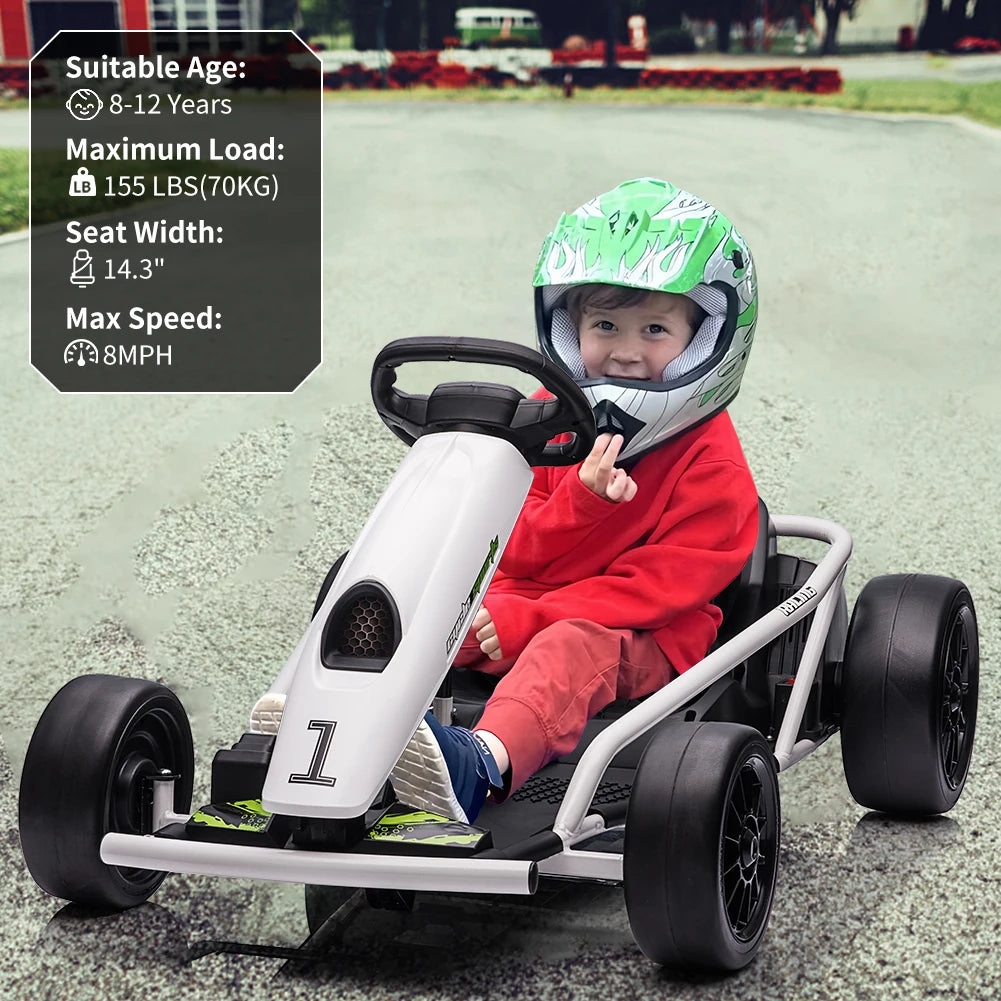 24V Electric Go Kart Drift Car for Kids 8-12, Ride On Racing Toy with Dual 300W Motors/8 MPH High Speed/Music, Outdoor Fun Gift