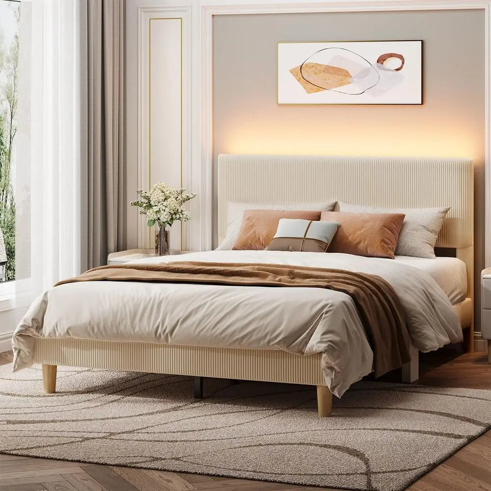 Queen Bed Frame with Headboard LED Lighting,Upholstered,Beige Easy Assembly,LED Lighting Headboard,No Squeaks,Vertical Channel