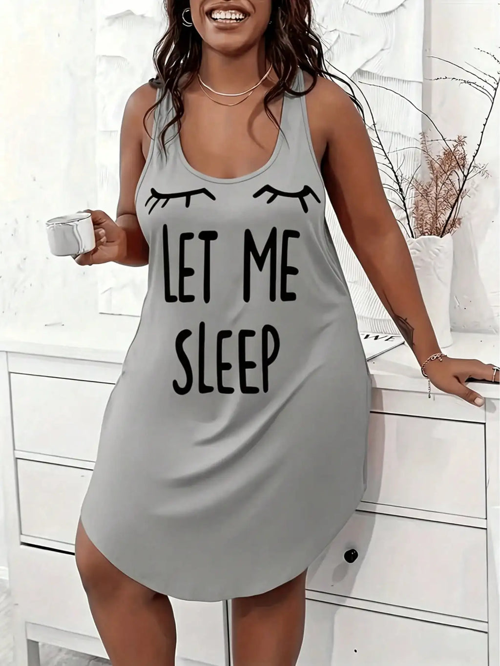 Plus Size Casual Lounge Dress, Women's Plus Eyelash & Letter Print Scoop Neck Racer Back Curve Hem Tank Sleep Dress