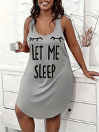 Plus Size Casual Lounge Dress, Women's Plus Eyelash & Letter Print Scoop Neck Racer Back Curve Hem Tank Sleep Dress