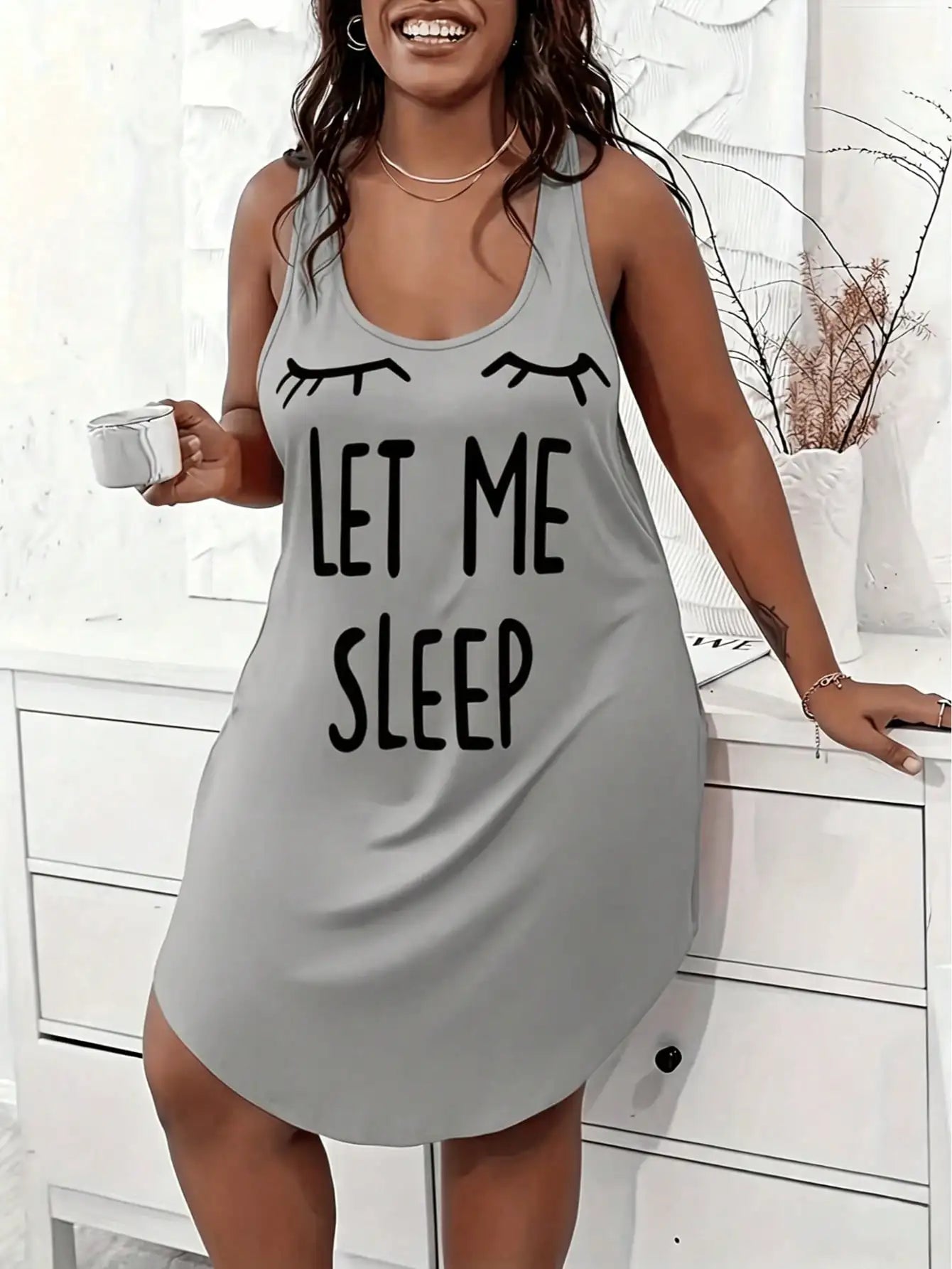 Plus Size Casual Lounge Dress, Women's Plus Eyelash & Letter Print Scoop Neck Racer Back Curve Hem Tank Sleep Dress