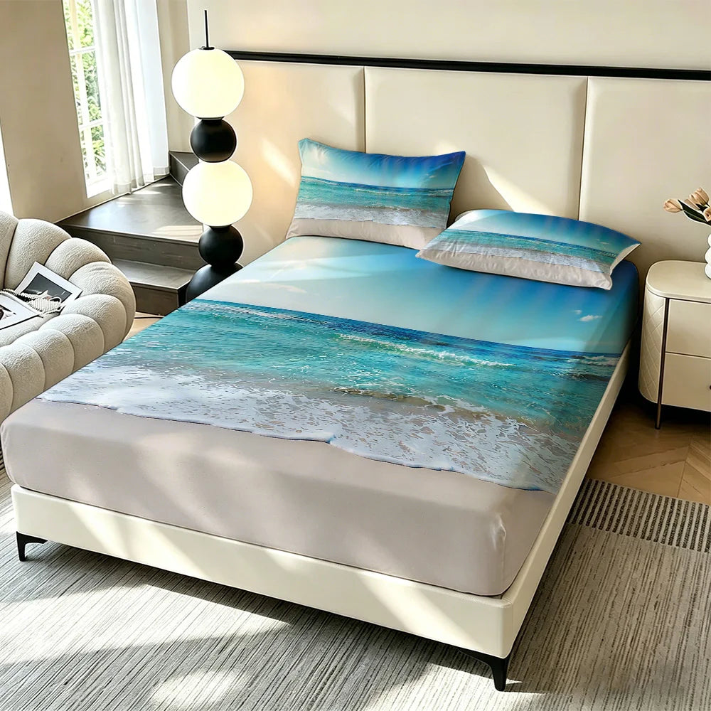 3pcs blue ocean Printed Coreless Bed Sheet Summer Set Multi Size Comfortable Bedding Decoration Machine Washable