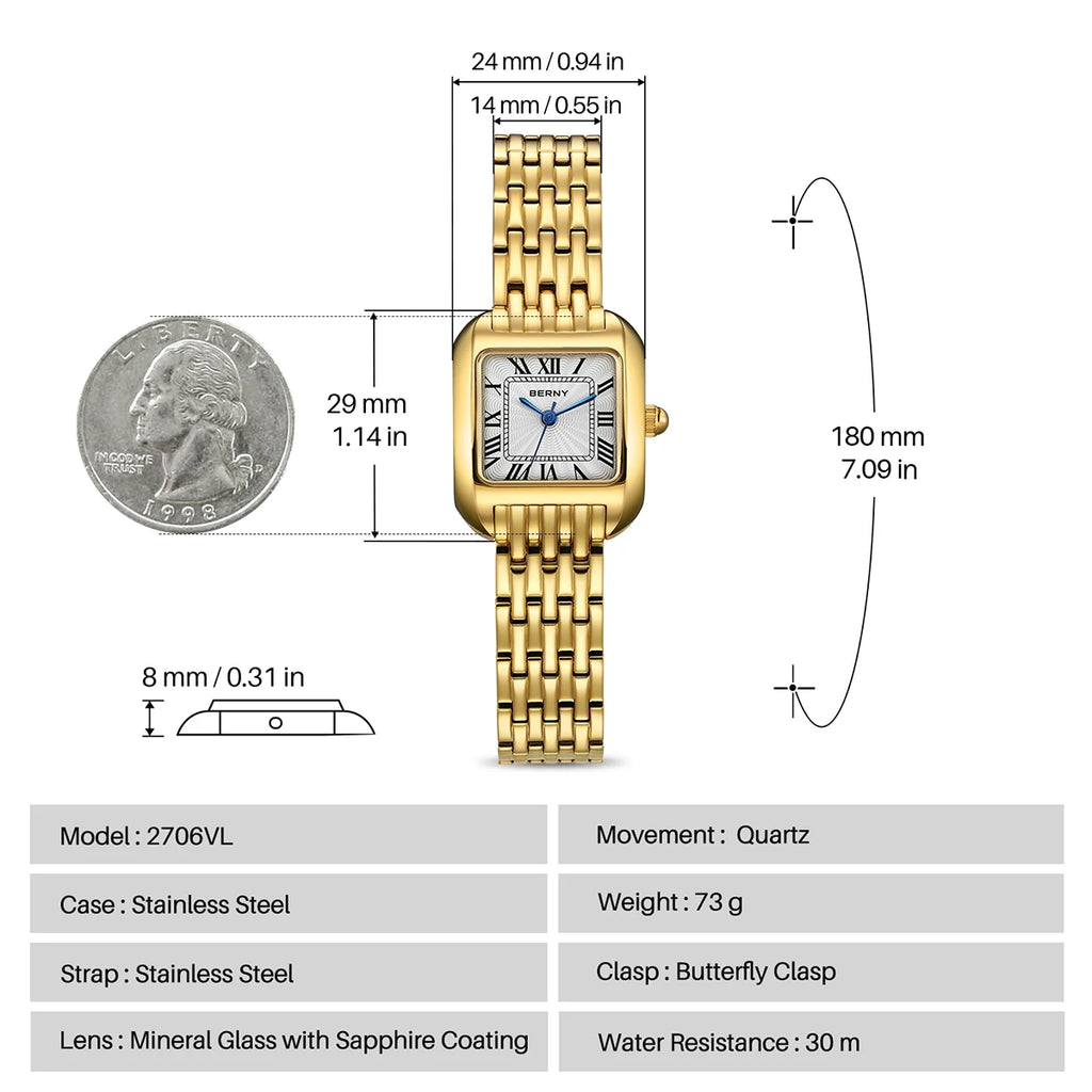 BERNY Gold Watch for Women Luxury Brand Square Quartz Ladies Watches Top Quality Fashion Elegant, Local Warehouse, Fast Delivery