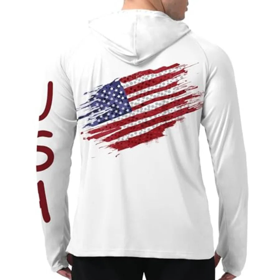 Mens UPF 50+ Fishing Shirts, Sun Protection Hoodie American Flag Long Sleeve UV Hiking Shirt Quick Dry SPF Rash Guard