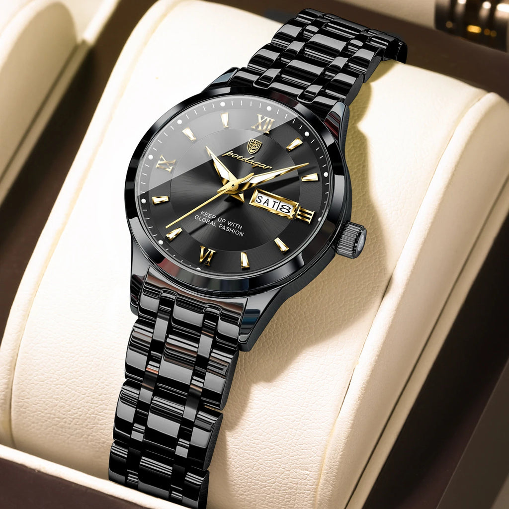 POEDAGAR Luxury Fashion Woman Watch Luminous Waterproof Stainless Steel Ladies Wristwatch Quartz Week Date Elegant Woman's Watches Male Reloj