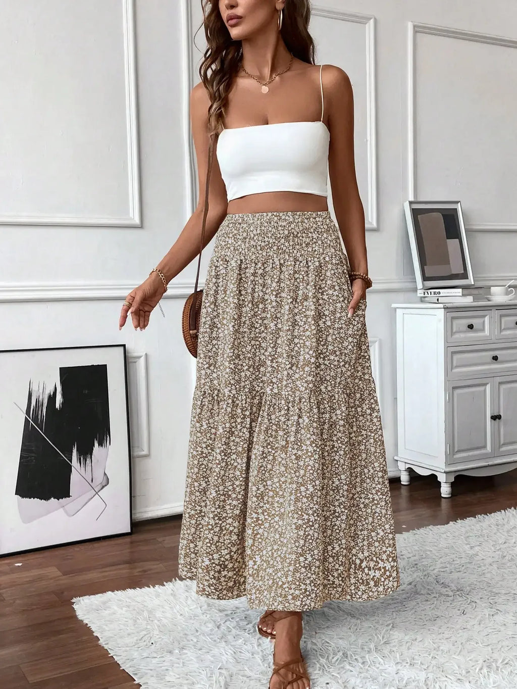 Womens Ditsy Floral A-Line Skirt With Pockets Elastic Waist Ruffle Hem
