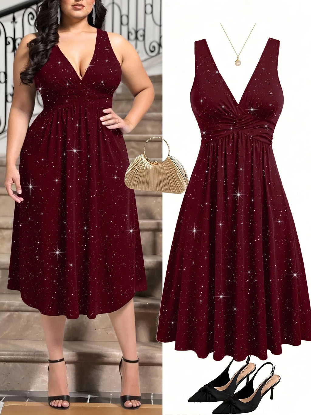 Plus Size - Plus Size - Plus Size Women'S Elegant Statement Shimmer V-Neck Ruched Waist Dress