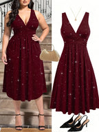 Plus Size - Plus Size - Plus Size Women'S Elegant Statement Shimmer V-Neck Ruched Waist Dress