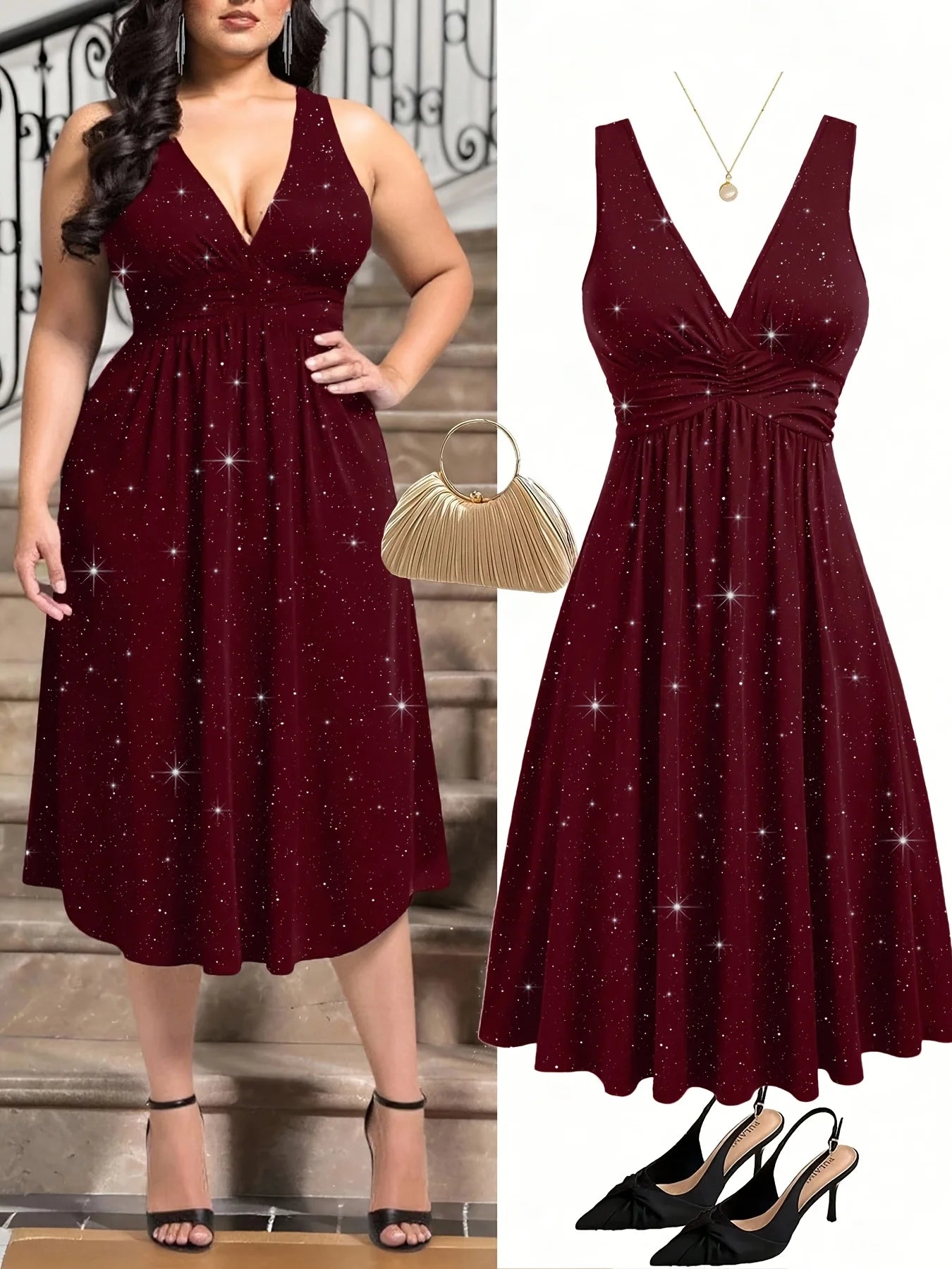 Plus Size - Plus Size - Plus Size Women'S Elegant Statement Shimmer V-Neck Ruched Waist Dress