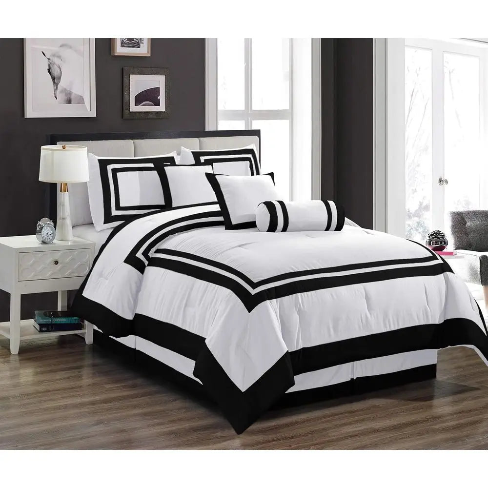 7-Piece Hotel Style Comforter Set - White/Black Square Color Block Bedding with Pillows - Luxurious Lightweight All Season Beddi