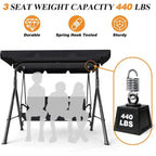Durable Adjustable 3-Seat Patio Swing Chair for Outdoor Porch, Garden, and Poolside (Black)