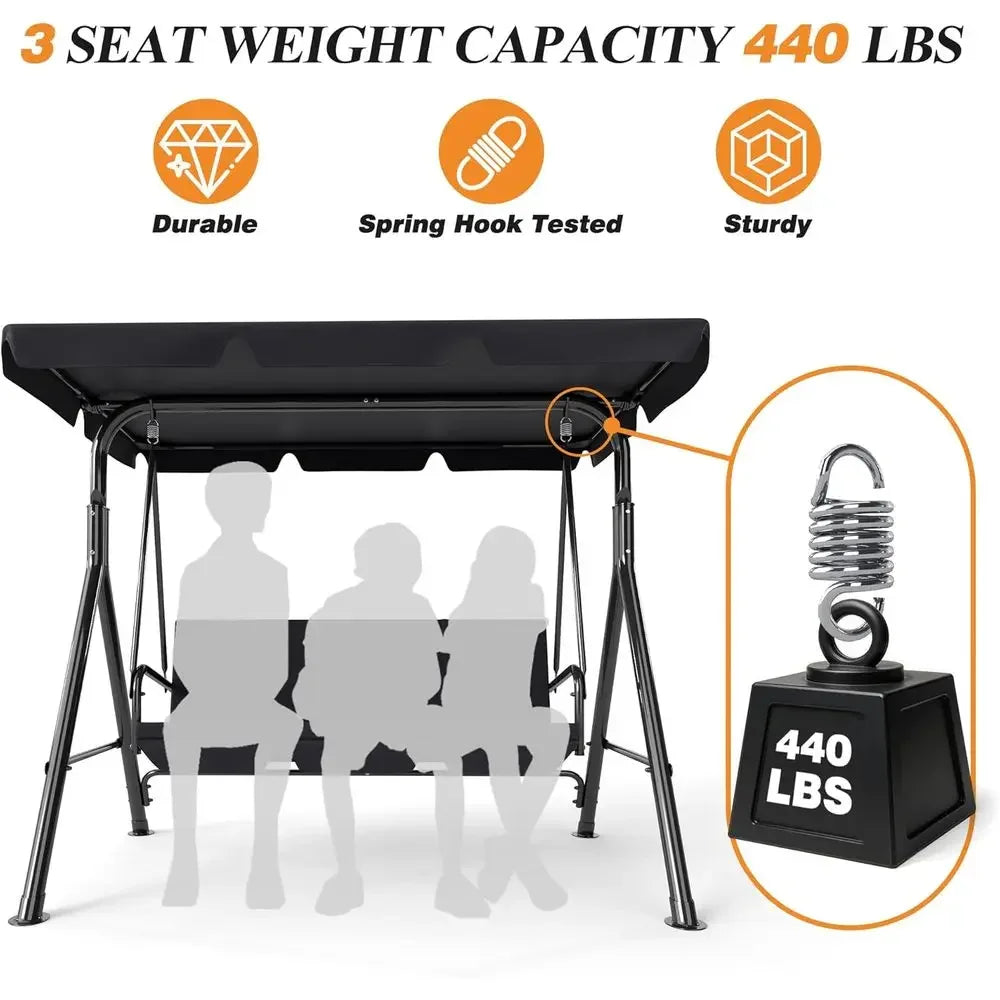 Durable Adjustable 3-Seat Patio Swing Chair for Outdoor Porch, Garden, and Poolside (Black)