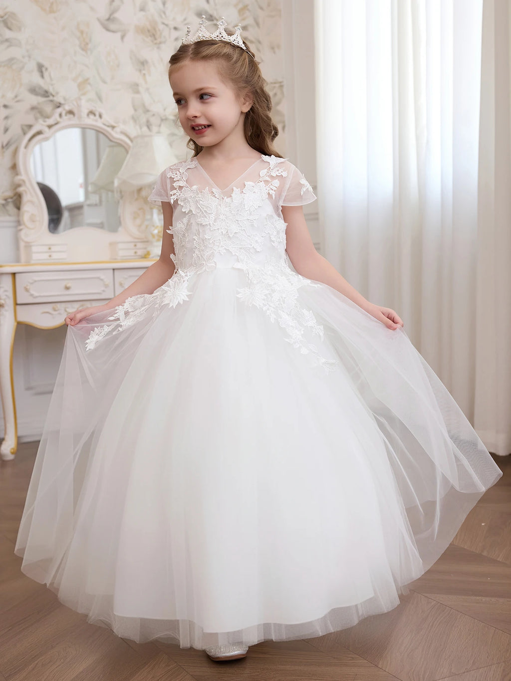 Kids Princess Ivory Short Sleeve Floral Embroidered Tulle Ball Gown Maxi Pageant Dress For Formal Events