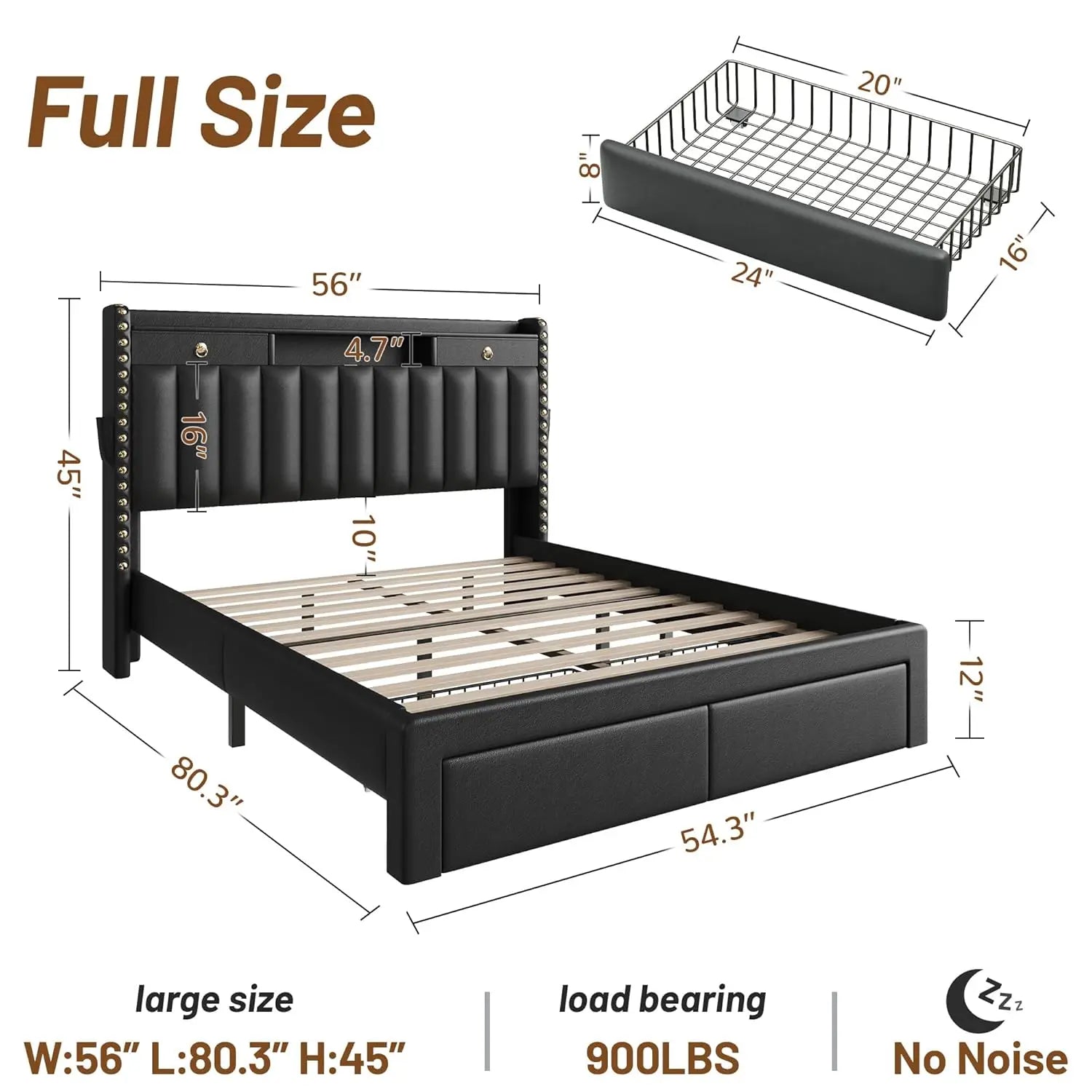 Full Upholstered Platform Bed Frame with Storage Headboard, USB & Type-C Charging Ports, 4 Drawers, Solid Wood, Customized