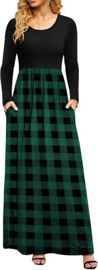 Women Casual Long Sleeve Maxi Dresses Empire Waist Long Dress with Pockets