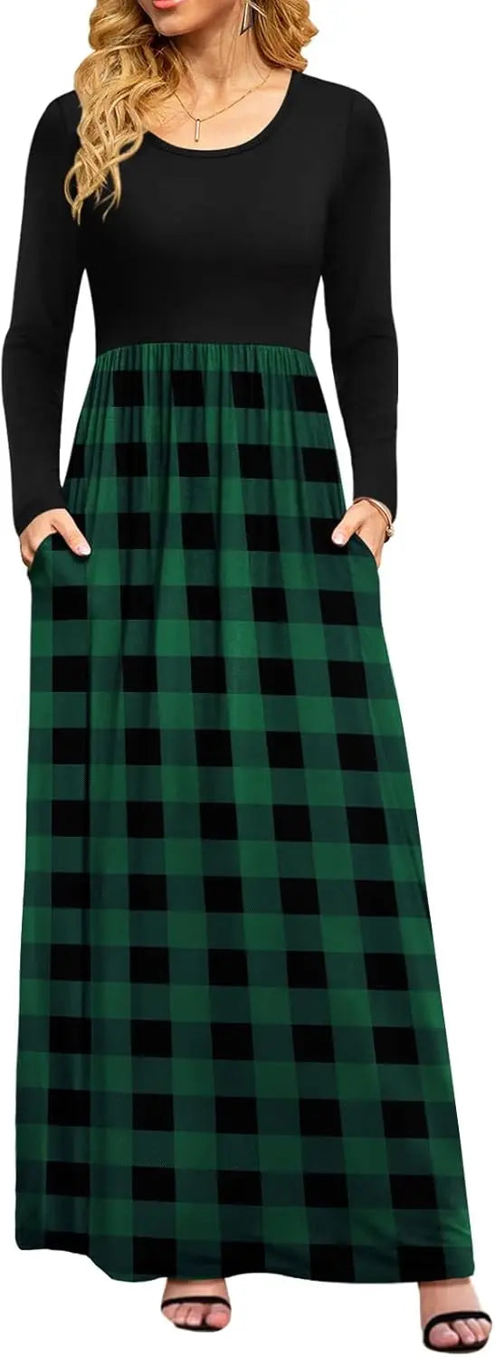 Women Casual Long Sleeve Maxi Dresses Empire Waist Long Dress with Pockets